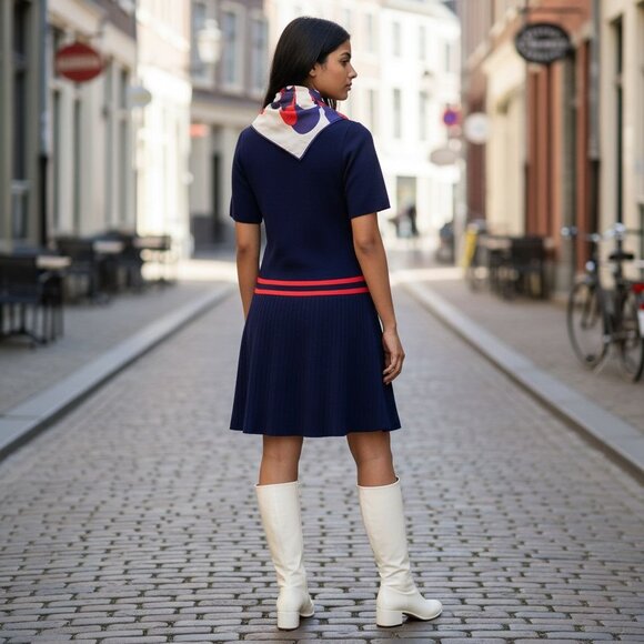 60s–70s Navy & Red Trevira® Wool Blend Day Dress by Elle Couture - UK Vintage - Picture 5 of 16